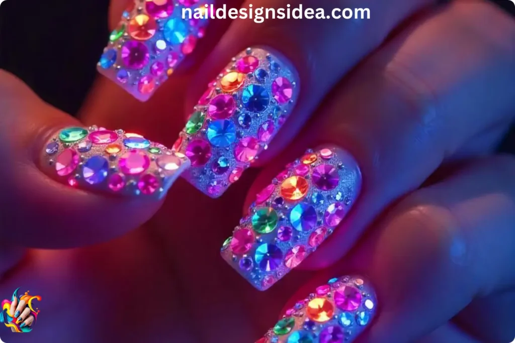 3D Rhinestone Rainbow Nails
