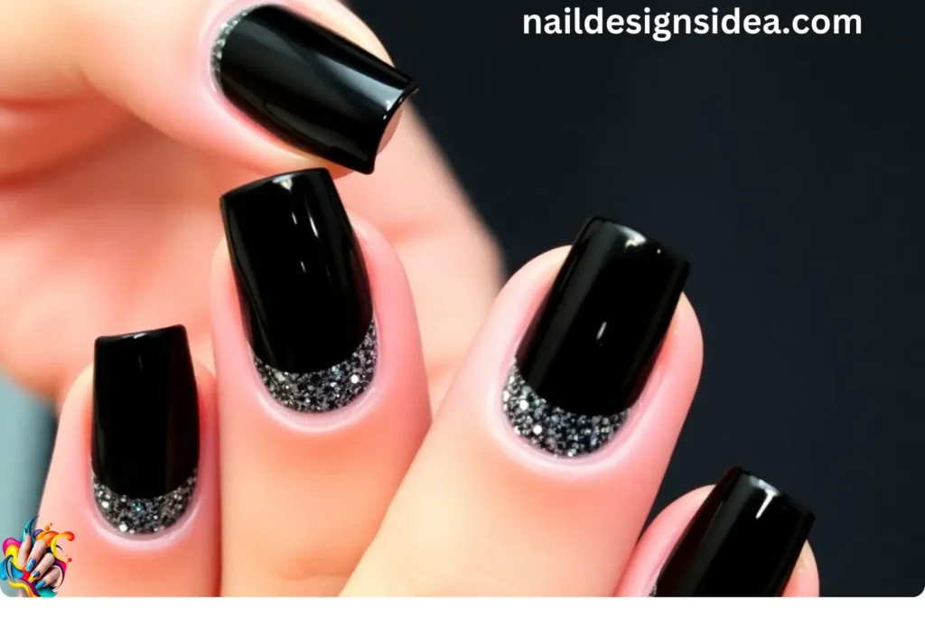 Black French Tips Nails with Glitter Base
