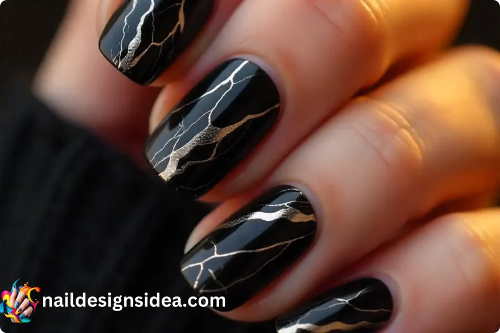 Black Marble Nails with Silver Veins
