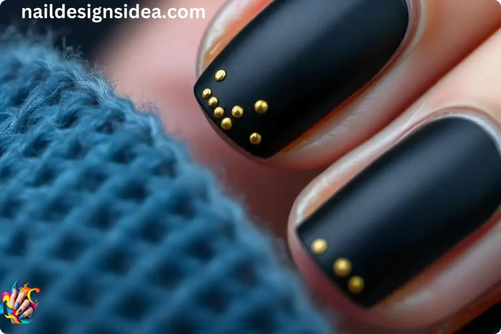 Black Matte with Gold Dots Short Nail Ideas
