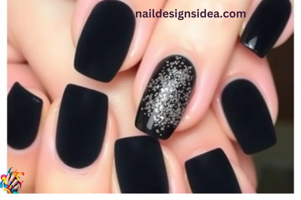 Black Velvet Winter Nails with Glitter Accents 
