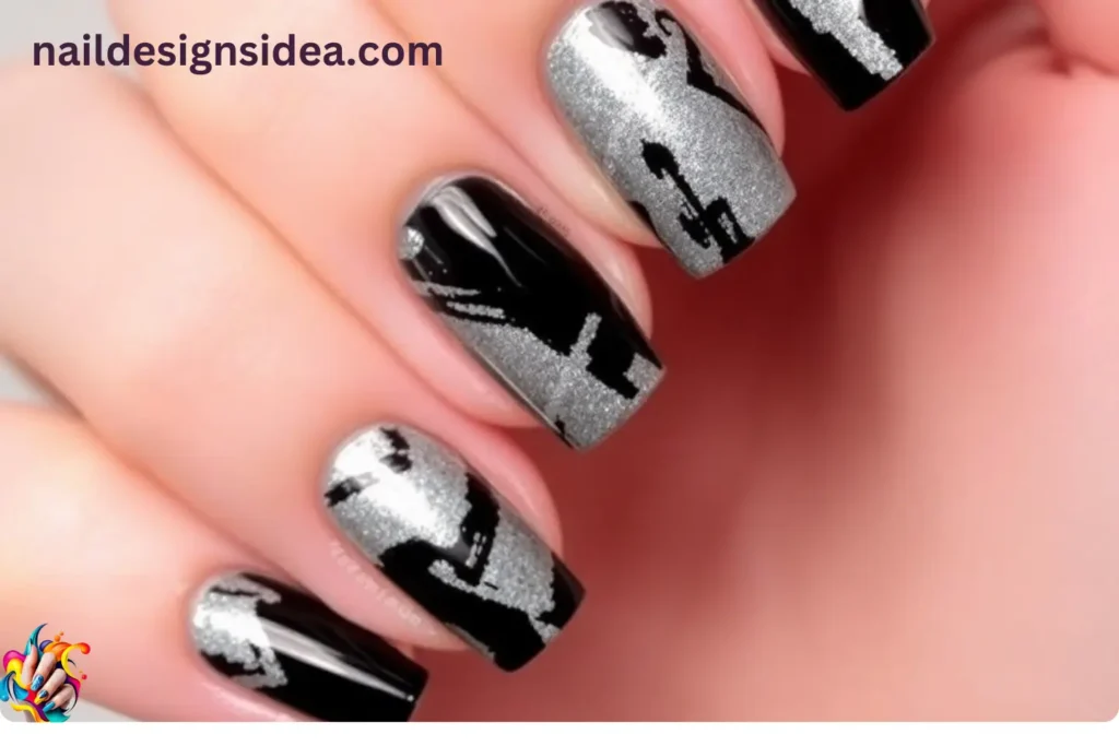 Black and Silver Abstract Nails Art
