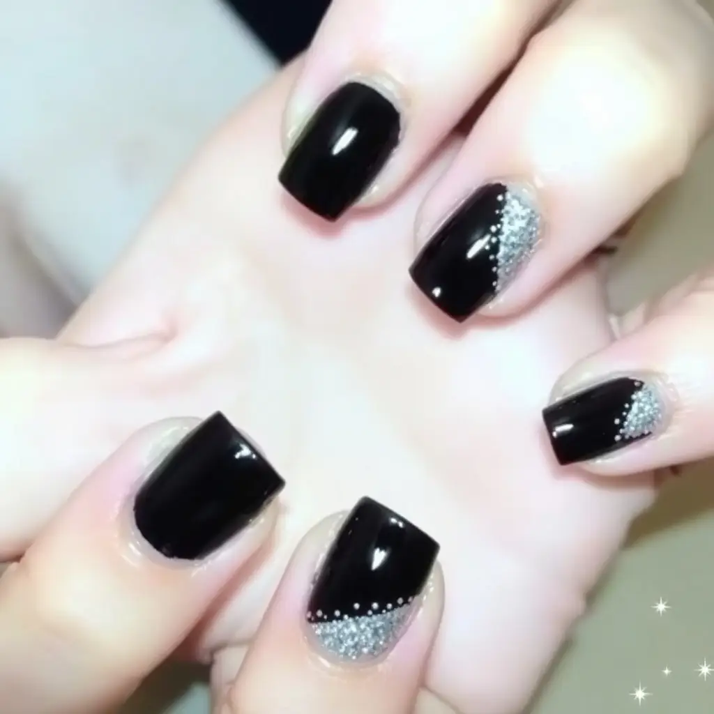 Black and Silver Glitter New Year Nails
