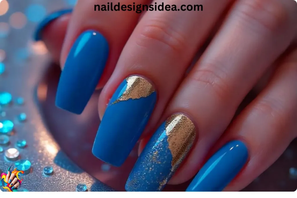 Blue and Gold Foil Nails
