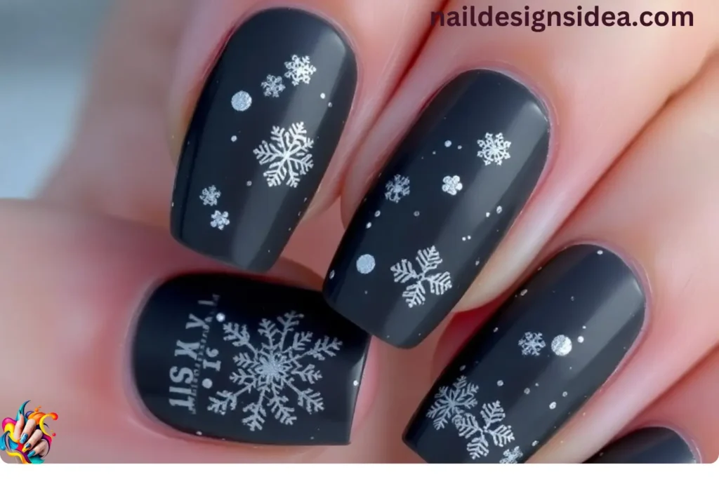 Charcoal Gray Dark Winter Nails with Silver Snowflakes
