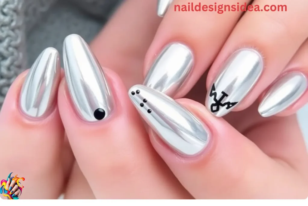 Chrome Silver with Dark Accents Winter Nail Ideas
