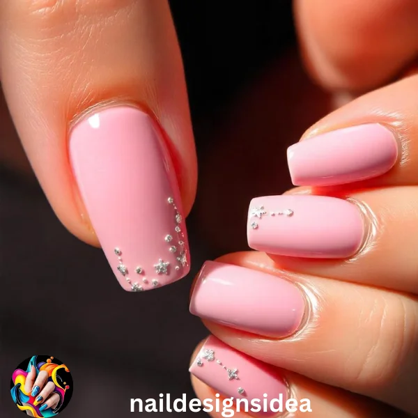 Pastel pink nails are soft and feminine, and adding silver accents makes them perfect for the holidays. 