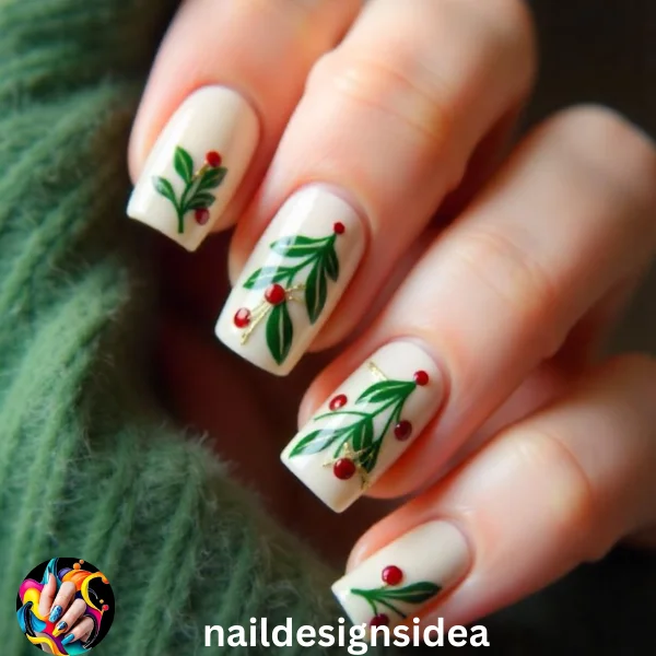 Mistletoe is a sweet holiday motif that looks adorable on nails. Paint your nails in a soft nude or cream base, then use green polish to create tiny mistletoe leaves on one or two accent nails. 