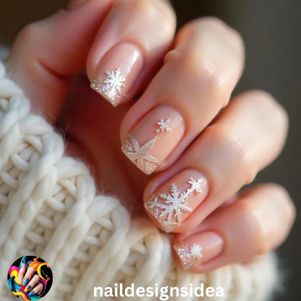 For a delicate yet festive look, combine nude nails with sparkling snowflakes.