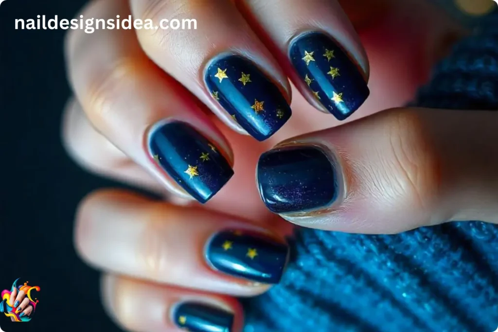 Dark Blue Christmas Nails with Gold Stars