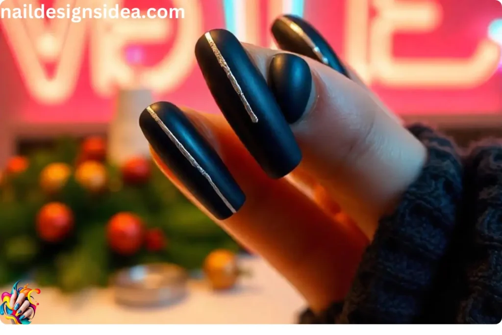 Dark Blue Nails with Metallic Silver Accents
