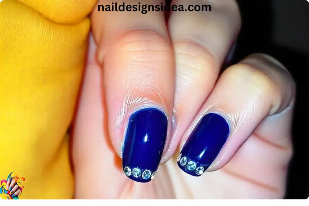 Dark Blue Nails with Rhinestone Accents