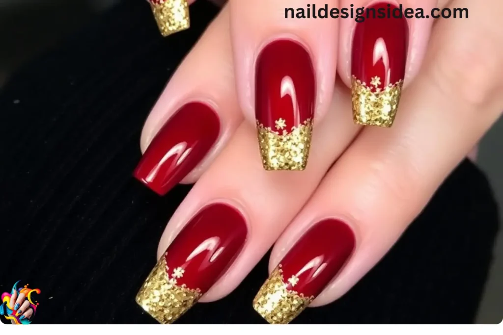 Dark Red Nail Designs with Gold Glitter Tips