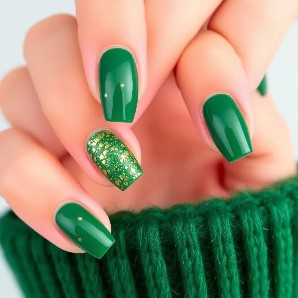 Emerald Green Elegance Nails with Gold Flakes