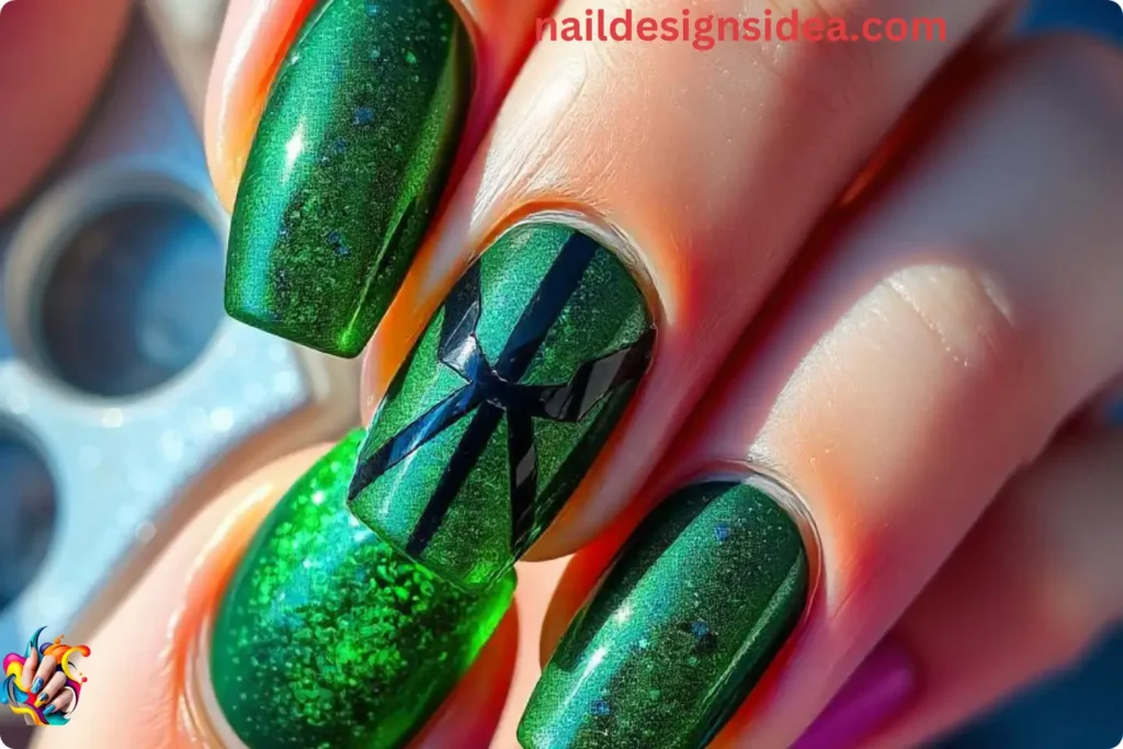 Emerald Sparkling Nails with Black Detailing