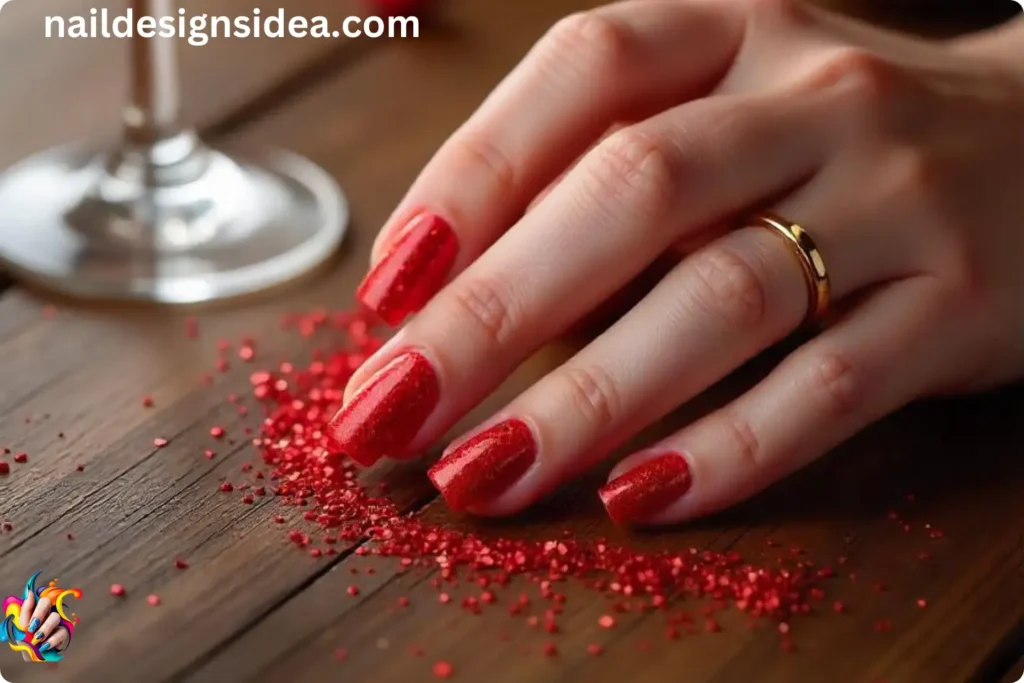 Festive Red Glitter Nails
