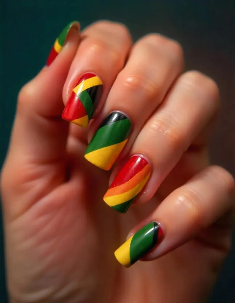 Geometric Rasta Nail Art
