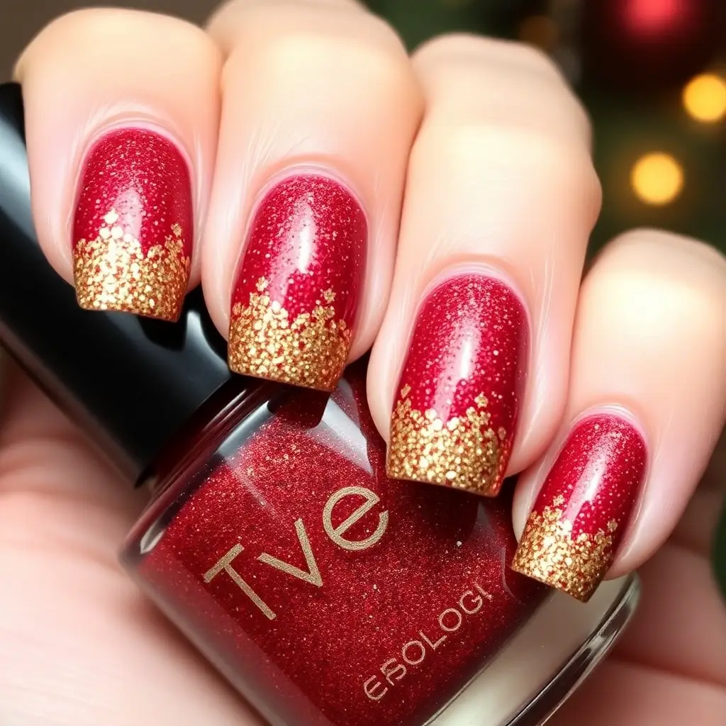 Glittering Red and Gold Christmas Nails