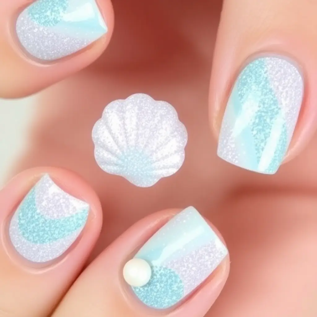 Glittery Seashell Little Mermaid Nail Designs