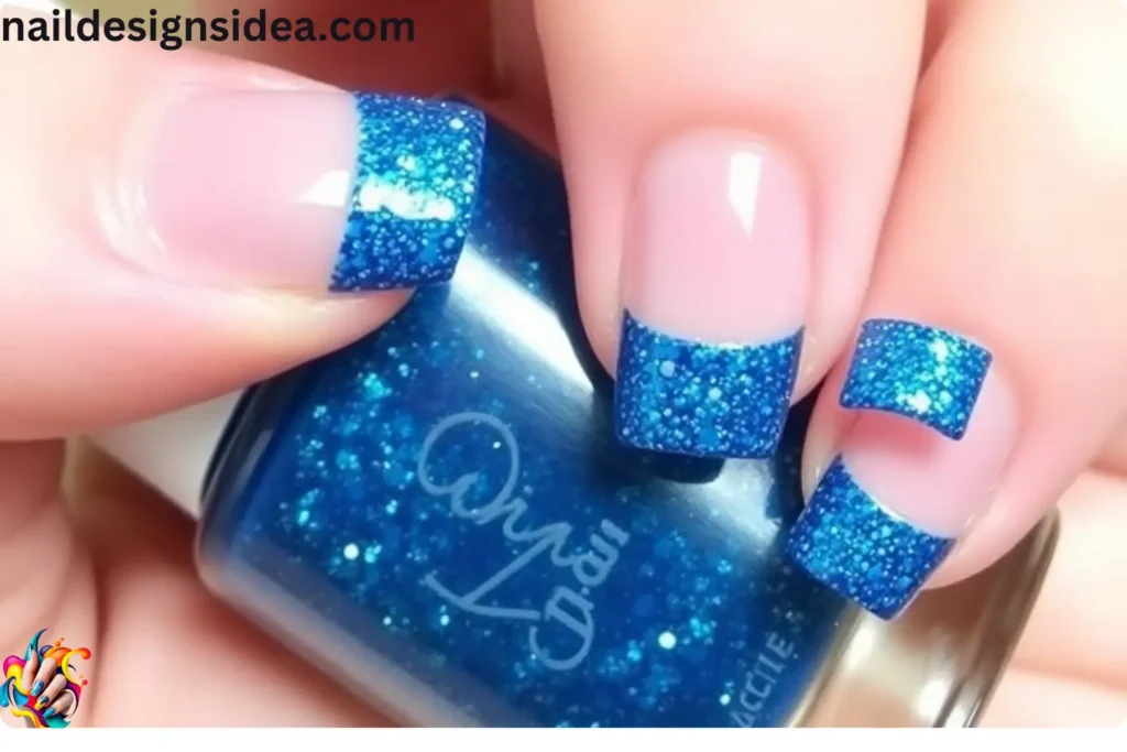 Glittery Xmas Blue Nails with French Tips