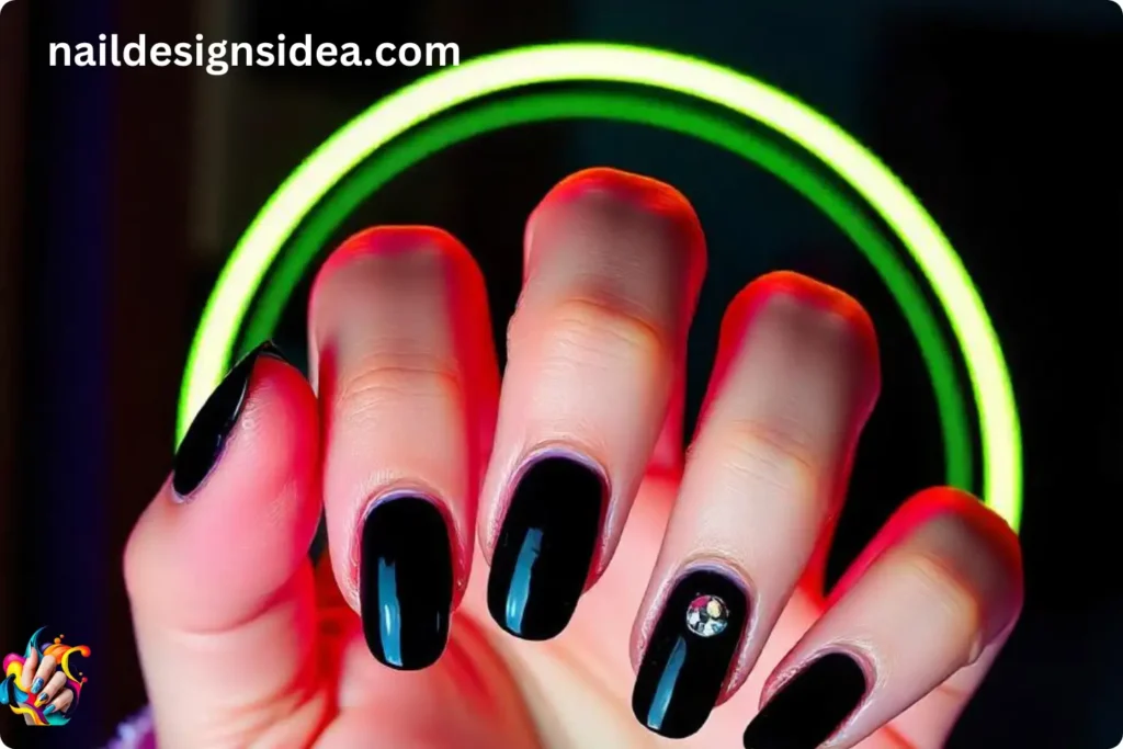 Glossy Black Nails with Rhinestone Detailing