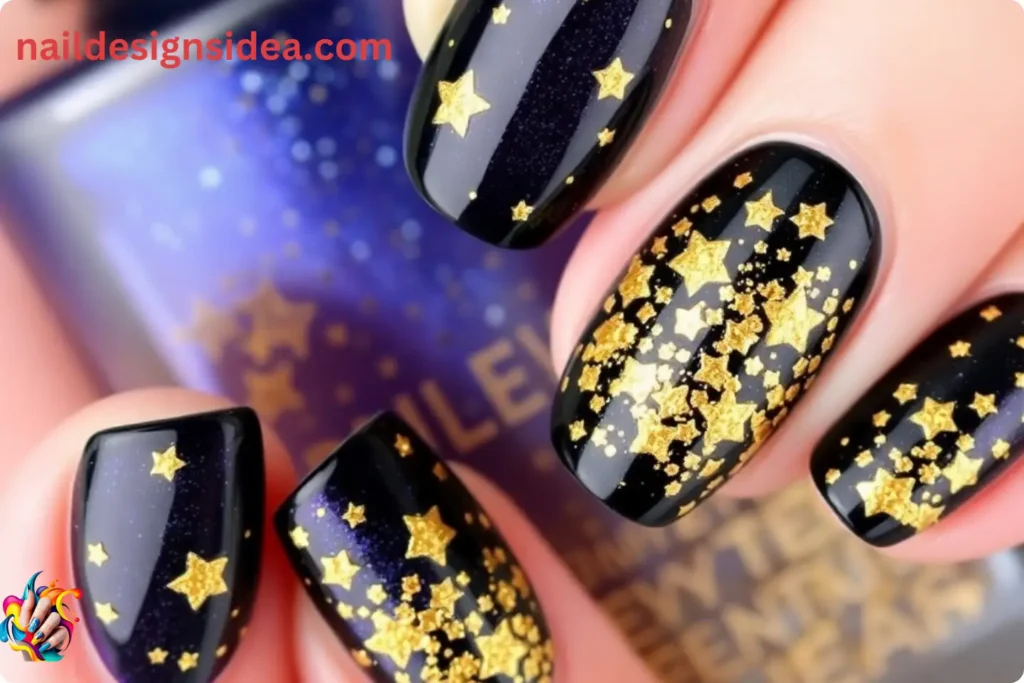 Gold Glitter Starred New Year Nails 
