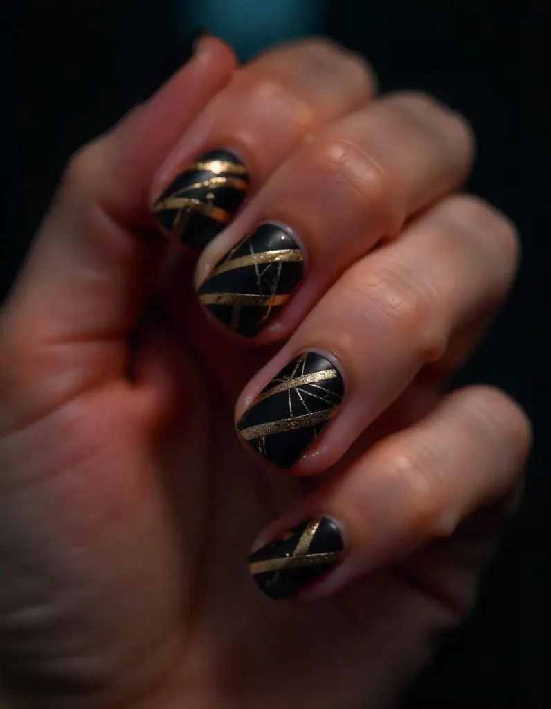 Gold Stripes on Black Nails
