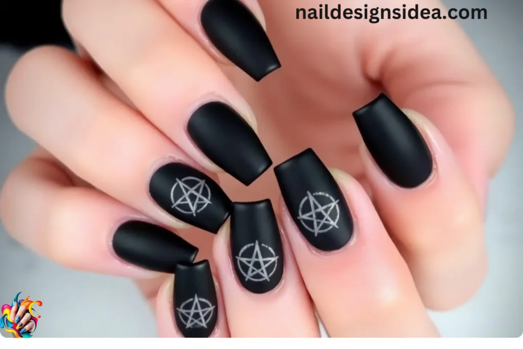 Gothic Matte Black Winter Nails with Pentagram