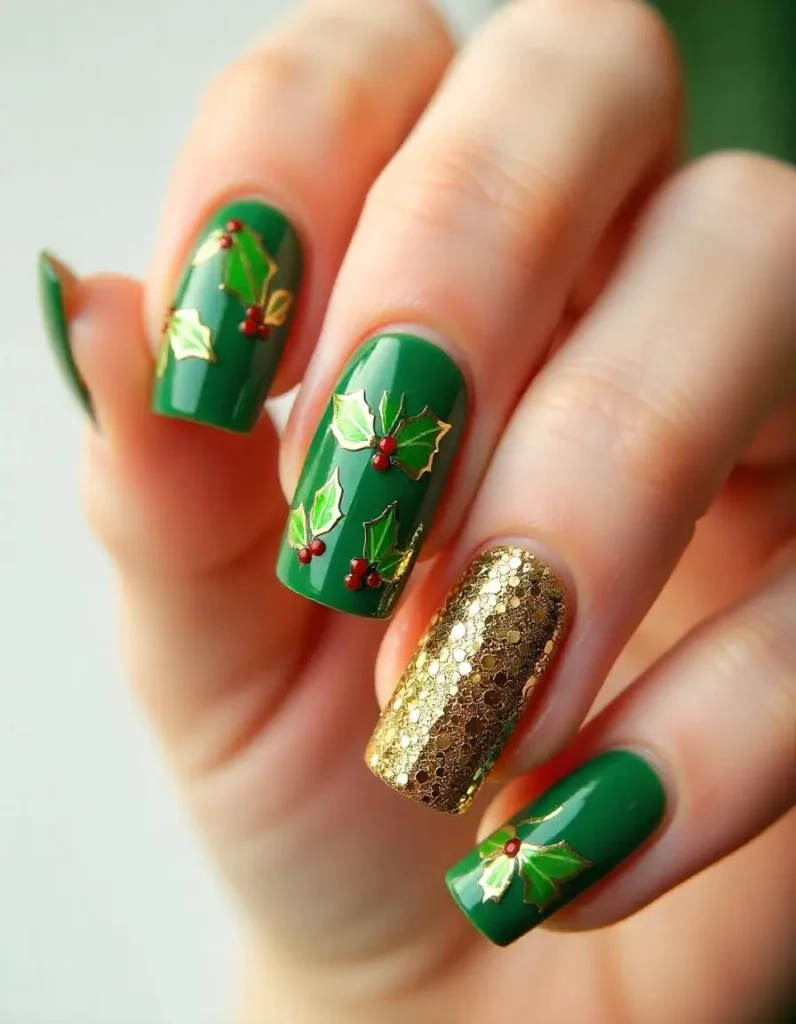 Holly Glitter Nail Designs
