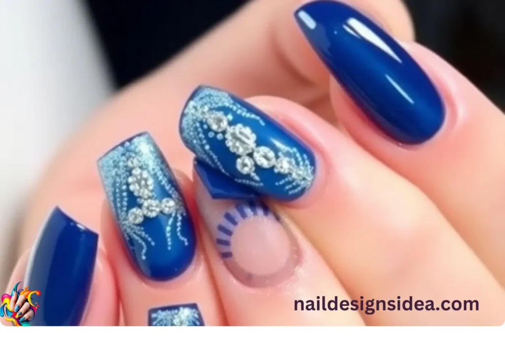 Icy Blue and Rhinestone Glam Winter Nails
