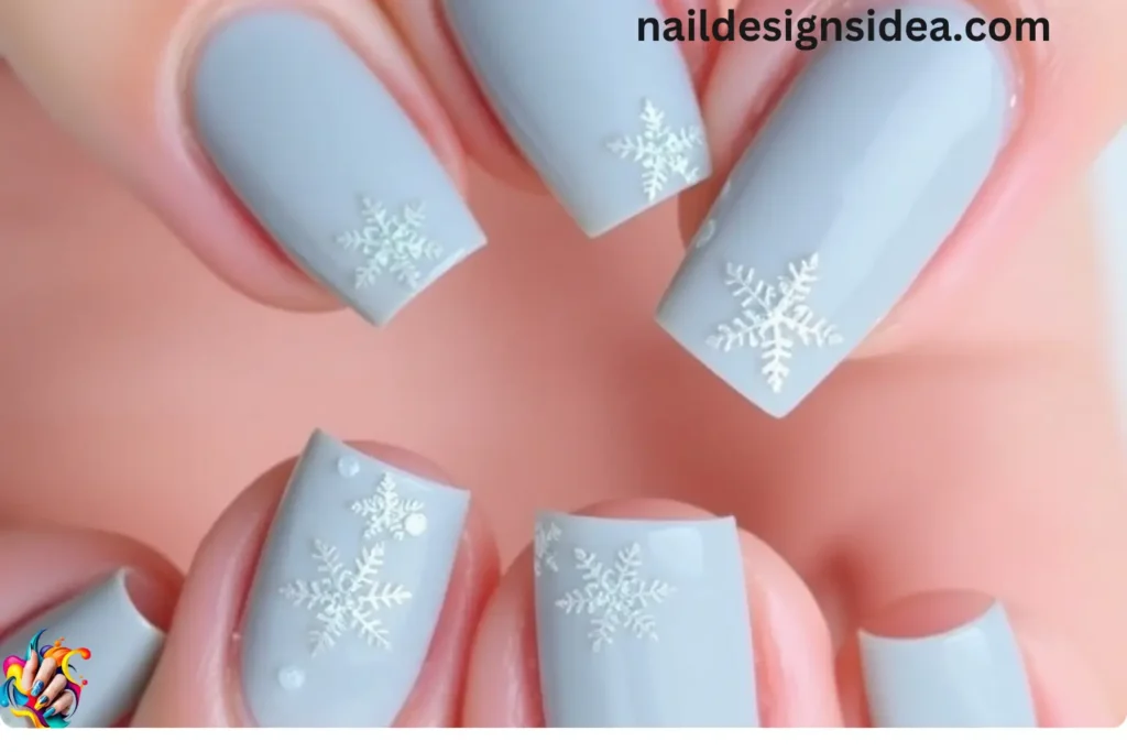 Icy Gray Nails with Glitter Snowflakes