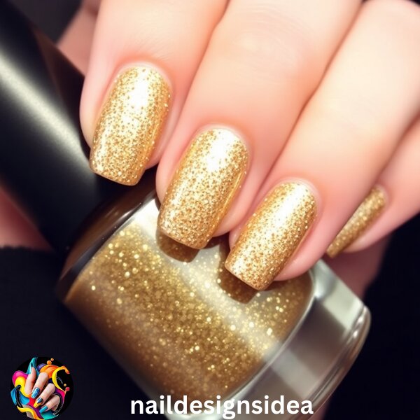 A glitter overlay with gold polish makes your nails shimmer beautifully. This is perfect for parties or festive occasions.