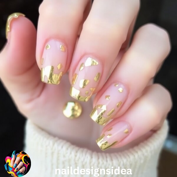 Apply small pieces of gold foil randomly across the nails for a contemporary and textured look. 