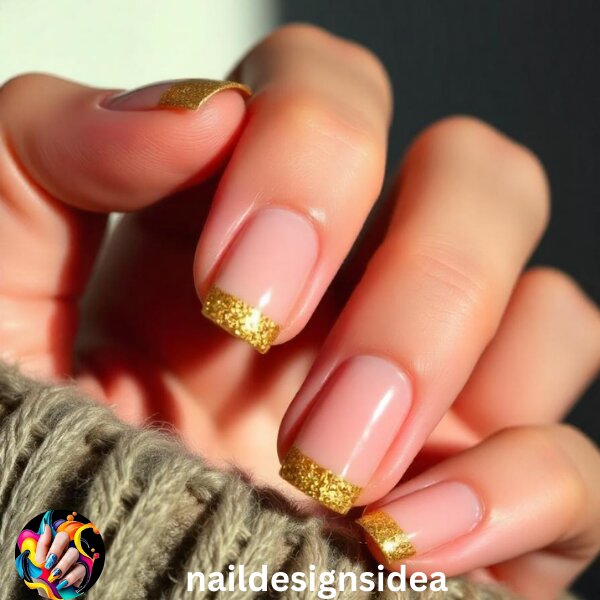 Create a reverse French manicure by highlighting the base of your nails with gold glitter. This half-moon design is chic and modern, giving your nails a playful twist. 