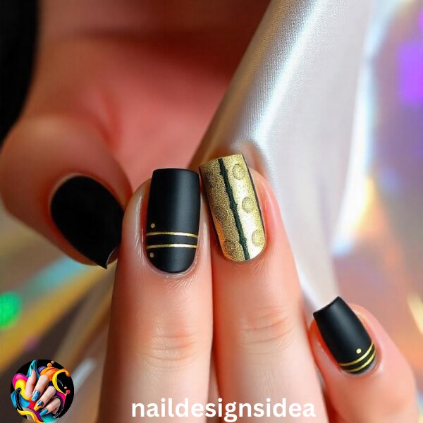 Combine matte black nails with bold gold accents for a dramatic, high-contrast effect. Use gold to create stripes, dots, or even intricate patterns against the dark background. 