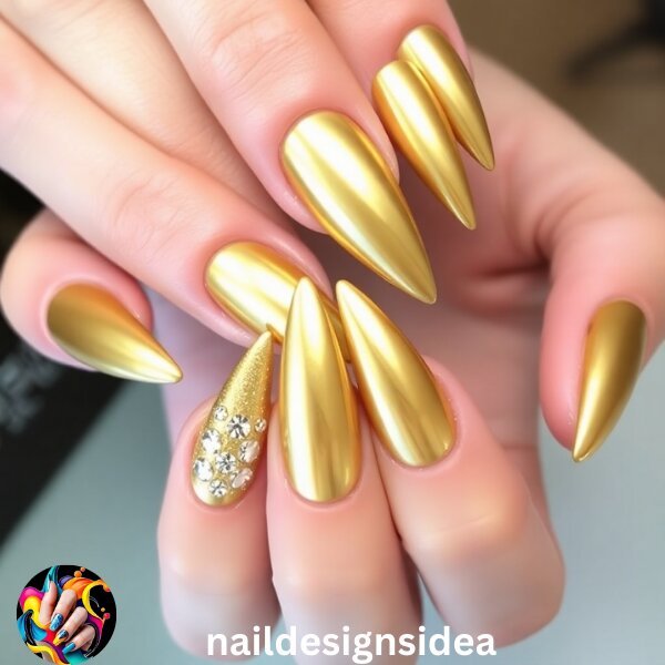 Bold and fierce, stiletto nails in solid gold make a dramatic statement. This style is for those who love to stand out. 