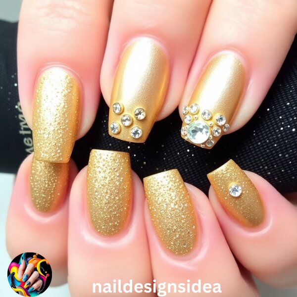 Add rhinestones or crystals to your gold nails for extra sparkle. Place them strategically for a chic look. 