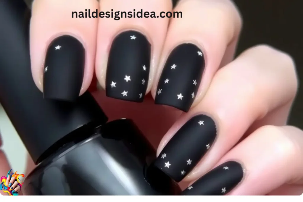 Matte Black Winter Nails with Silver Stars