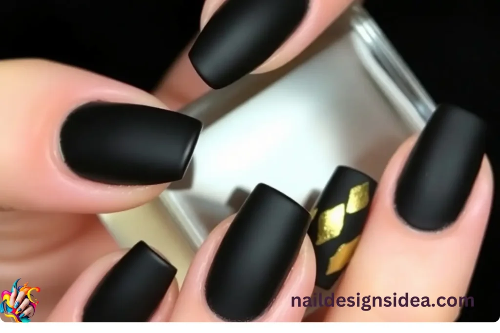 Matte Black with Gold Leaf Dark Winter Nails
