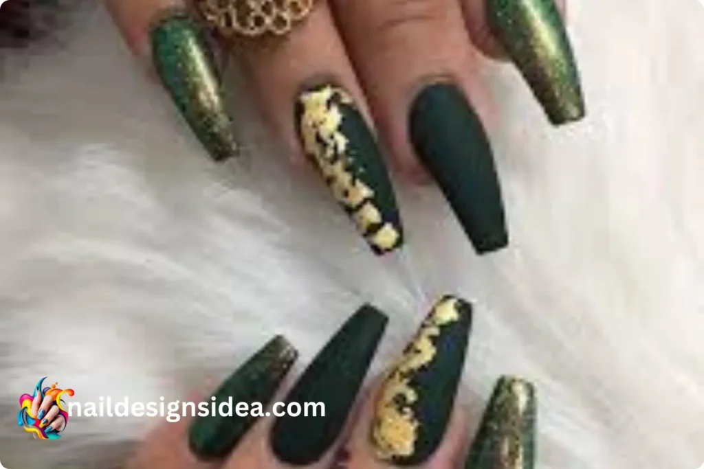 Matte Forest Green and Gold Nails