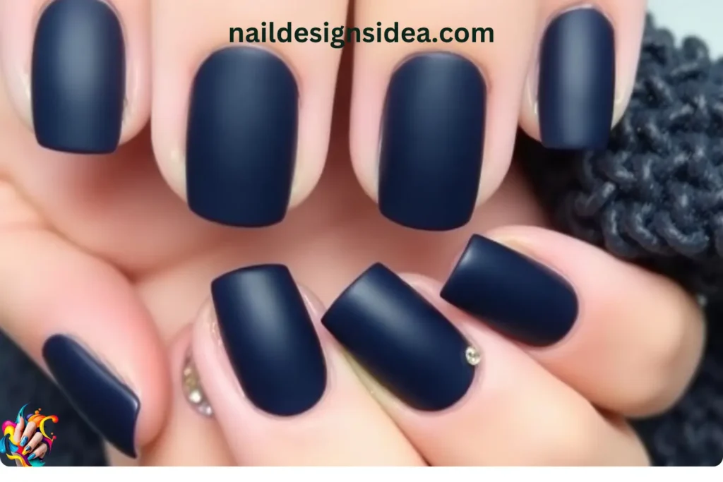 Matte Navy Nails with Rhinestone Accents
