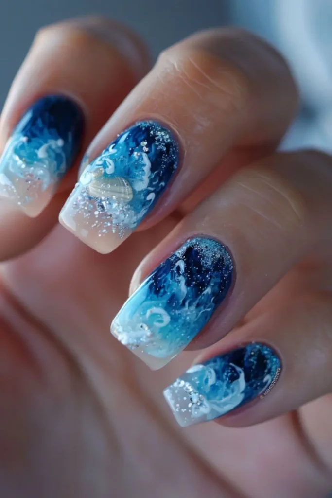 Ocean Wave Glitter Nails