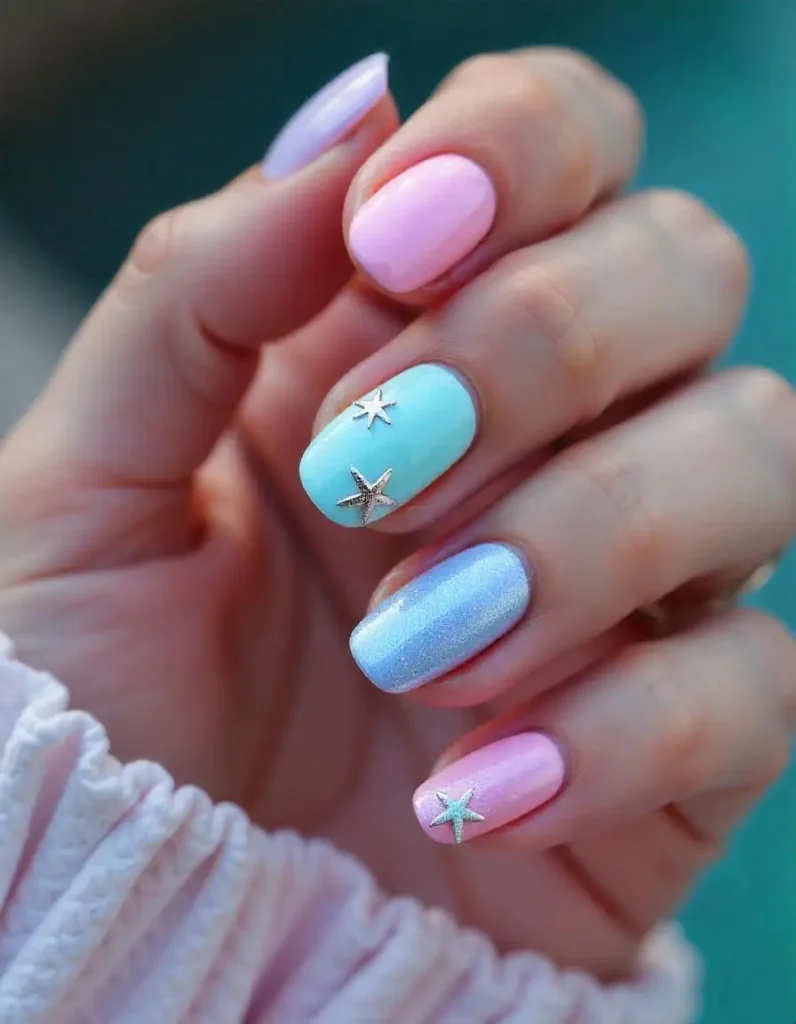 Pastel Mermaid Nails with Starfish