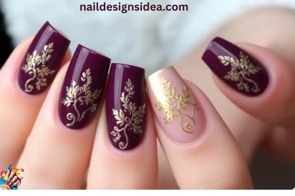 Plum and Gold Glam Dark Winter Nail Designs 