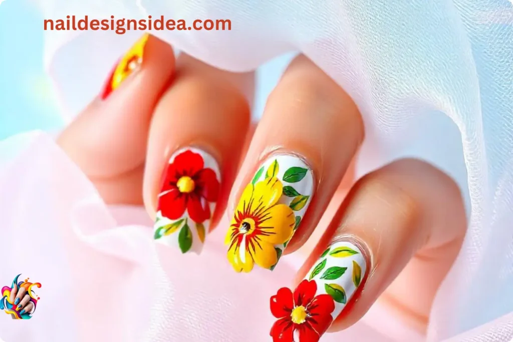 Rasta Colored Nail Designs with Floral Patterns
