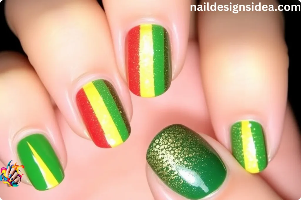 Rasta Nail Designs with Gold Foil Accents
