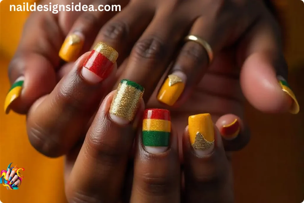 Rasta Nails with Glitter Half-Moons
