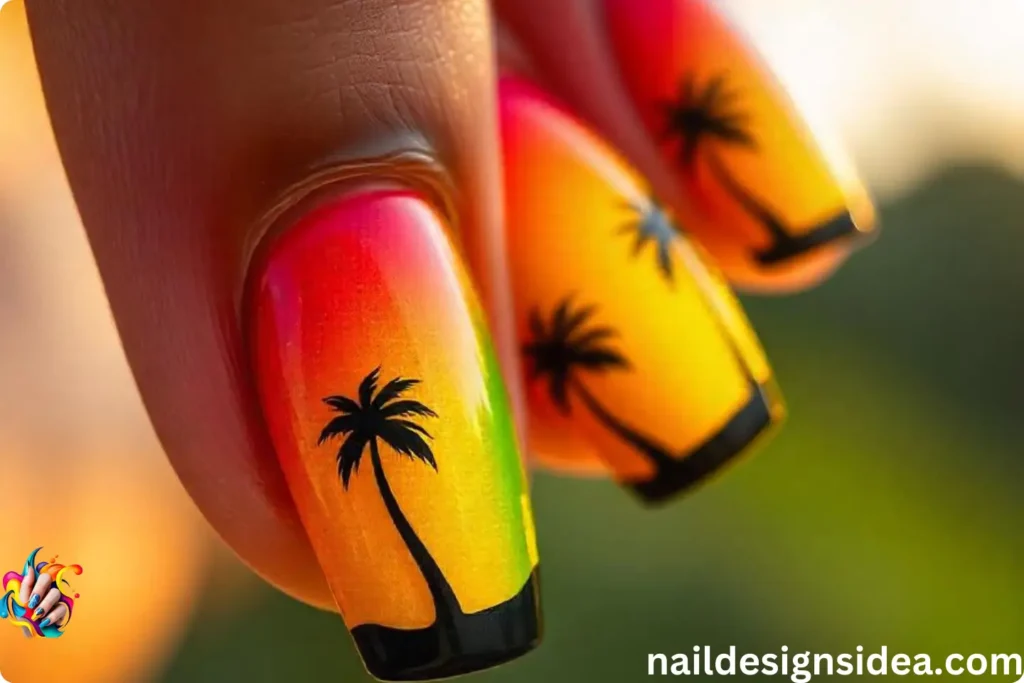 Rasta Nails with Palm Tree Silhouettes