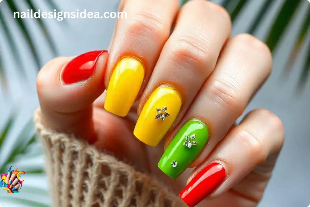 Rasta Nails with Rhinestone Accents
