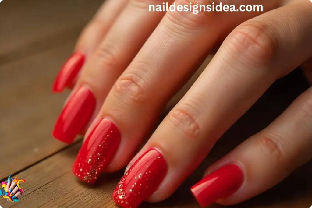 Scarlet Red with Champagne Gold Glitter Nails